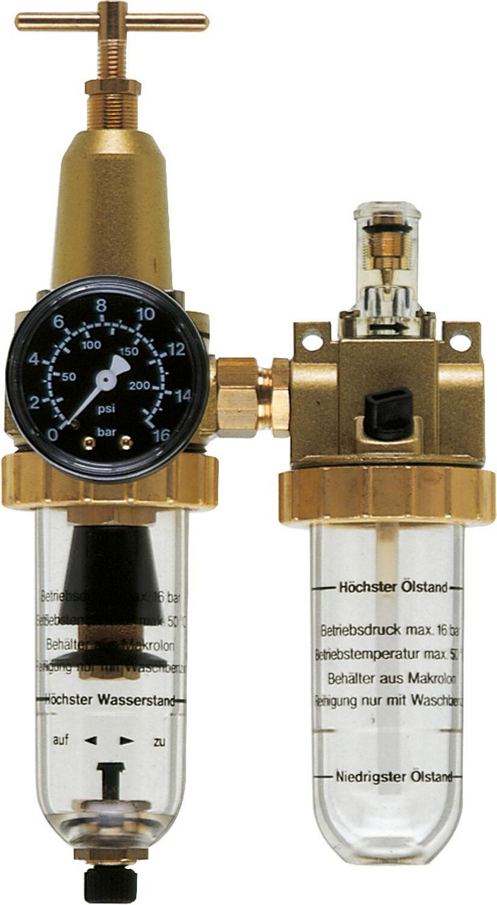 Druckluft-Wartungseinheit Anschluss G1/4 + G3/8 Durchfluss 580 l/min Druckluft-Wartungseinheit Anschluss G1/4 + G3/8 Durchfluss 580 l/min