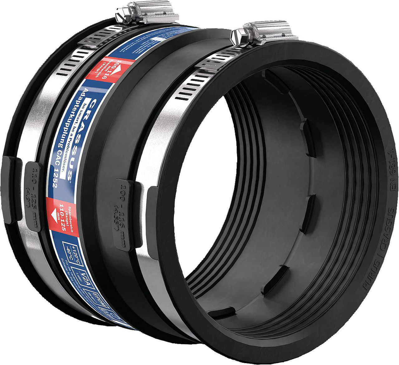Adapterkupplung CAC 1252 Spannber. 110-125 x 100-116mm EPDM, PN 0,6 bar Adapterkupplung CAC 1252 Spannber. 110-125 x 100-116mm EPDM, PN 0,6 bar