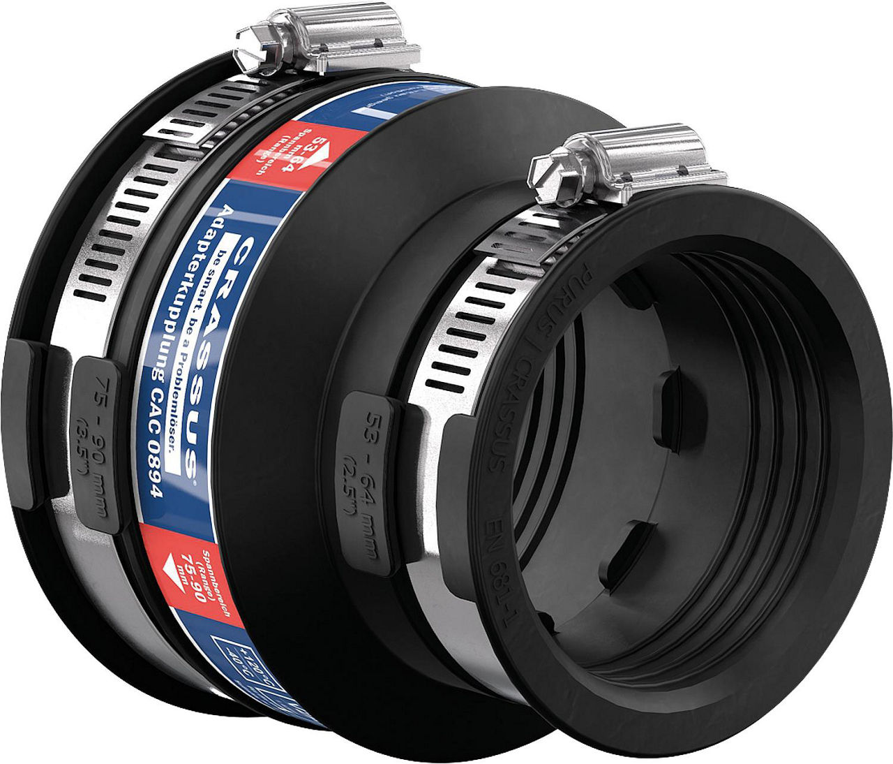 Adapterkupplung CAC 0894 Spannber. 75-90 x 53-64mm EPDM, PN 0,6 bar Adapterkupplung CAC 0894 Spannber. 75-90 x 53-64mm EPDM, PN 0,6 bar