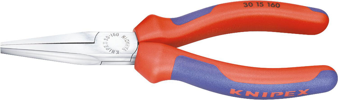 Langbeckzange verchromt mit zweifarbigen Mehrkomponenten Griffhüllen lange flache Backen 140mm