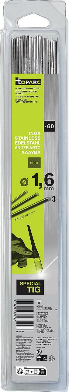 WIG-Schweißstäbe Edelstahl - 308 L - Ø 1,6 mm - 330 mm - Blister VPE 60 WIG-Schweißstäbe Edelstahl - 308 L - Ø 1,6 mm - 330 mm - Blister VPE 60