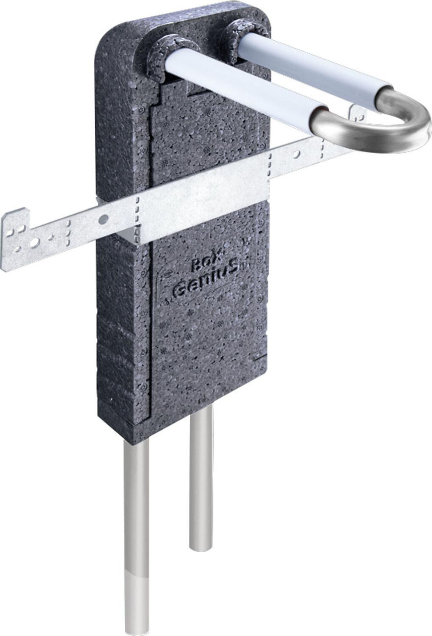 Wandbox aus EPP mit Rohrbogeneinheit aus Edelstahl-Rohr 15x1,0 in L-Form inkl. Isolierbox Wandbox aus EPP mit Rohrbogeneinheit aus Edelstahl-Rohr 15x1,0 in L-Form inkl. Isolierbox