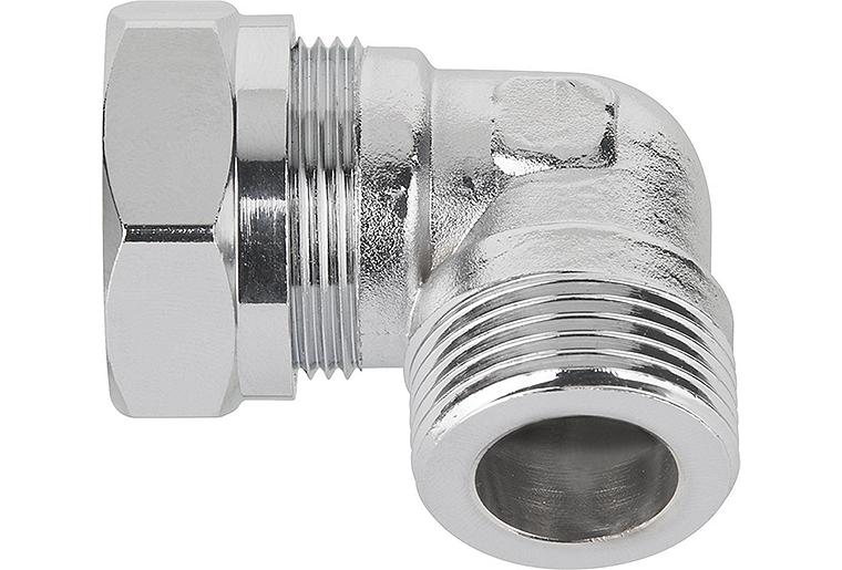 Klemmringverschraubung Winkel 22 x 3/4"AG,flachdichtend, Messing verchromt Klemmringverschraubung Winkel 22 x 3/4"AG,flachdichtend, Messing verchromt