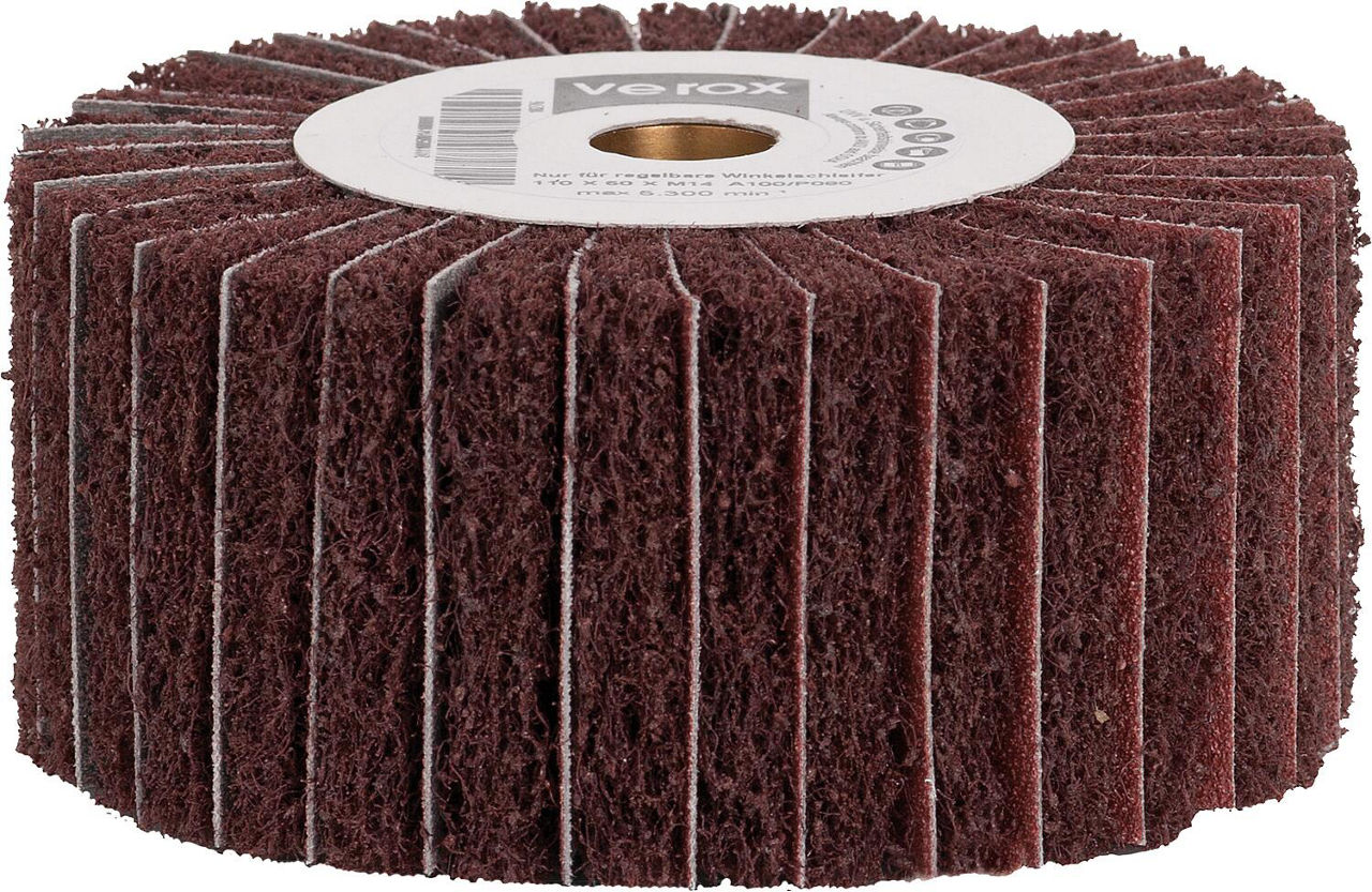 Vliesfächerwalze verox® komb. mit SL M 14 Innen-Gewinde 110x50xM14 Körnung Vliesfächerwalze verox® komb. mit SL M 14 Innen-Gewinde 110x50xM14 Körnung