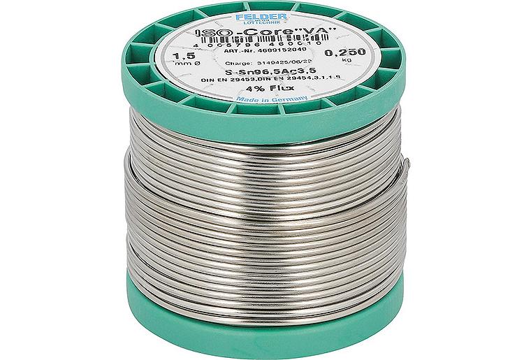 Weichlötdraht für Stahl-Edelstahl ISO-Core "VA", S-Sn96,5Ag3,5, 4 % Flußmittelanteil, Ø1,50 mm , 250 gr,