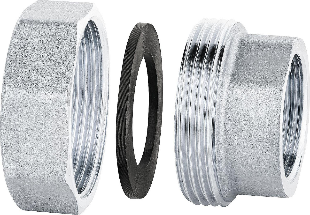 Verschraubungsset 1" Messing vernickelt Überwurfmutter 11/2" Dichtung und Einlegteil Verschraubungsset 1" Messing vernickelt Überwurfmutter 11/2" Dichtung und Einlegteil