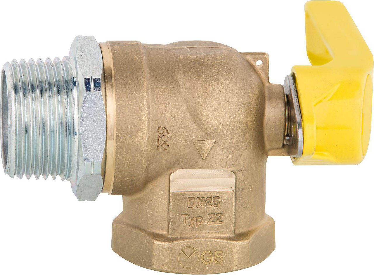 Gasabsperr-Kugelhahn 3/4" für Zweirohrzähler, Eckform Gasabsperr-Kugelhahn 3/4" für Zweirohrzähler, Eckform