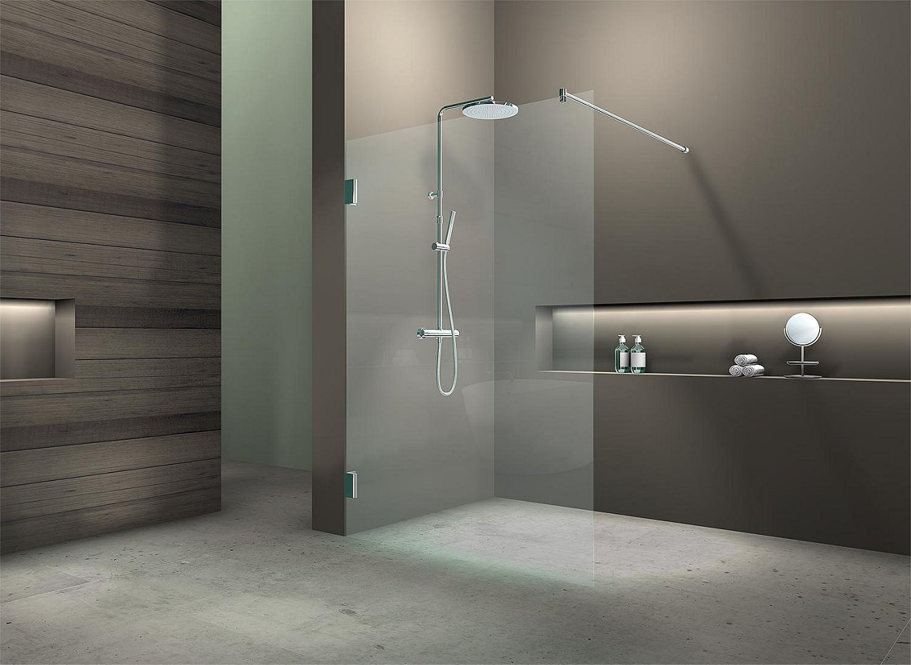 Walk-In Glasduschwand Eloqui mit Wandbeschlägen + Stabi.-Stange rund 1180x2000x8 mm ESG mit ETC Walk-In Glasduschwand Eloqui mit Wandbeschlägen + Stabi.-Stange rund 1180x2000x8 mm ESG mit ETC