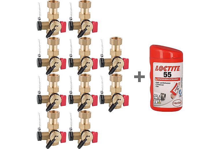 Vorteilspaket 10x Messing Kappenventil DN 25 mit Plombiervorrichtung und KFE-Hahn + gratis Gewindedichtfaden LOCTITE 55, 160m Vorteilspaket 10x Messing Kappenventil DN 25 mit Plombiervorrichtung und KFE-Hahn + gratis Gewindedichtfaden LOCTITE 55, 160m