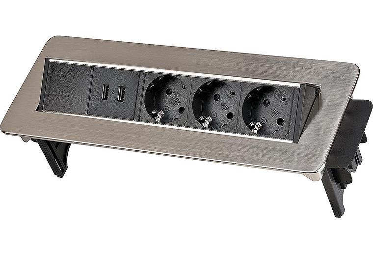 3-fach Tisch-Einbausteckdose mit 2 USB Ladebuchsen Farbe: aluminium 3-fach Tisch-Einbausteckdose mit 2 USB Ladebuchsen Farbe: aluminium