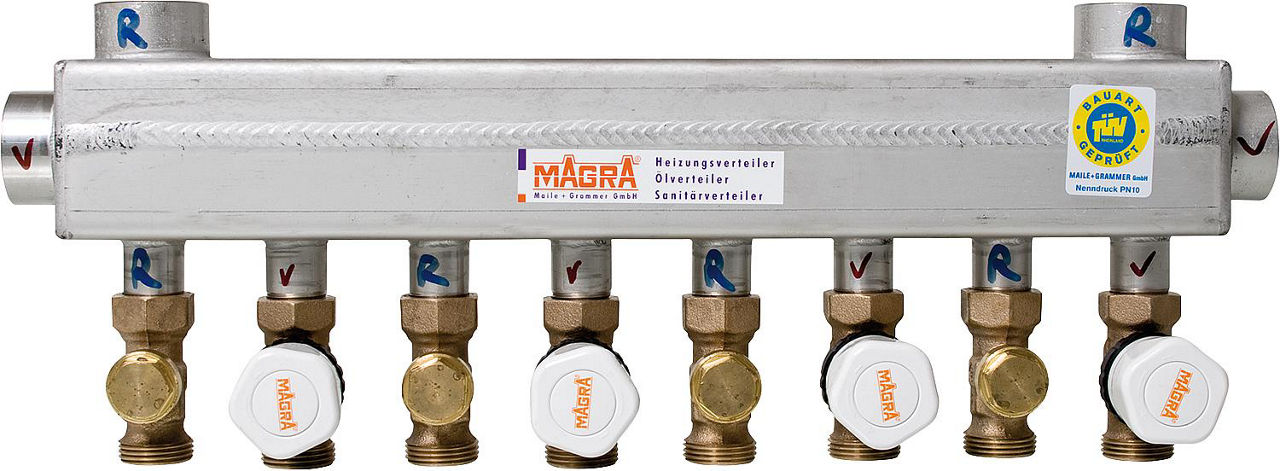 Magra-Edelstahl-Heizkreisverteiler mit mont. Magra-Ventilen für 6 Gruppen 60/60 mm Magra-Edelstahl-Heizkreisverteiler mit mont. Magra-Ventilen für 6 Gruppen 60/60 mm
