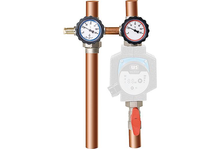 Pumpenabsperrset DN25 (1") mit Bypass, Vorlauf rechts ÜWM und Thermometer rot/blau