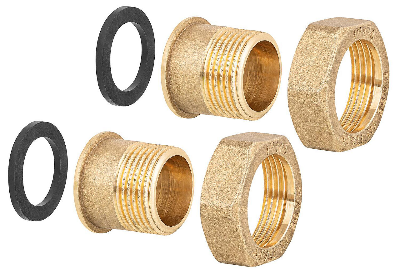 Gewindeanschluß-Verschr. 1 1/4" mit je 2 Überwurfmuttern, Gewindetüllen und Dichtringen Gewindeanschluß-Verschr. 1 1/4" mit je 2 Überwurfmuttern, Gewindetüllen und Dichtringen