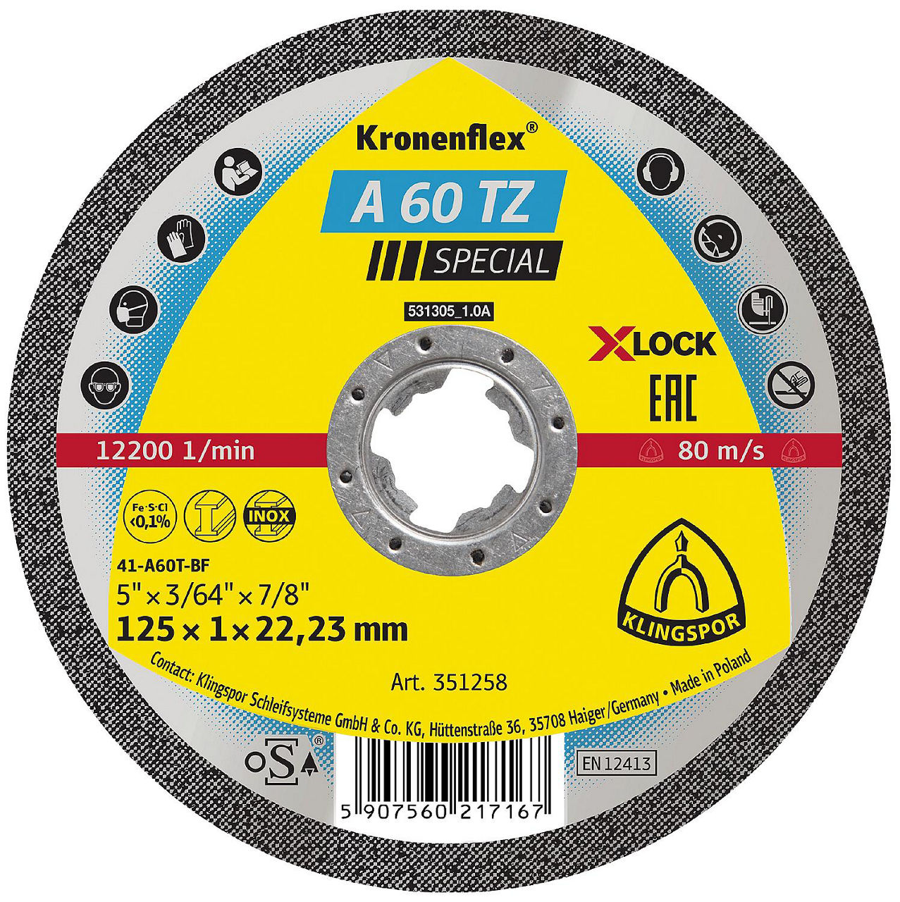 Trennscheibe KLINGSPOR A 60 TZ SPECIAL X-LOCK 125 x 1,0 x 22,23 mm Trennscheibe KLINGSPOR A 60 TZ SPECIAL X-LOCK 125 x 1,0 x 22,23 mm