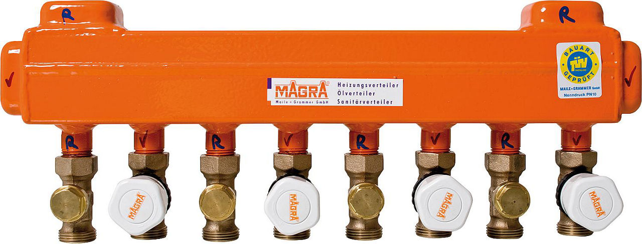 Magra-Doppelkammerverteiler 60/60 mit mont.Magra Ventilen mit 6 Heizgruppen Magra-Doppelkammerverteiler 60/60 mit mont.Magra Ventilen mit 6 Heizgruppen