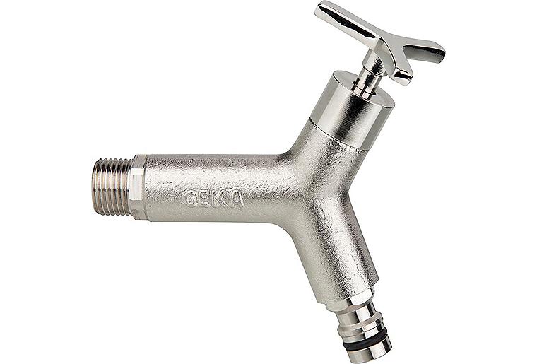 Geka Auslaufhahn, 1/2", Messing vernickelt, mit Stecker Messing Stecksystem