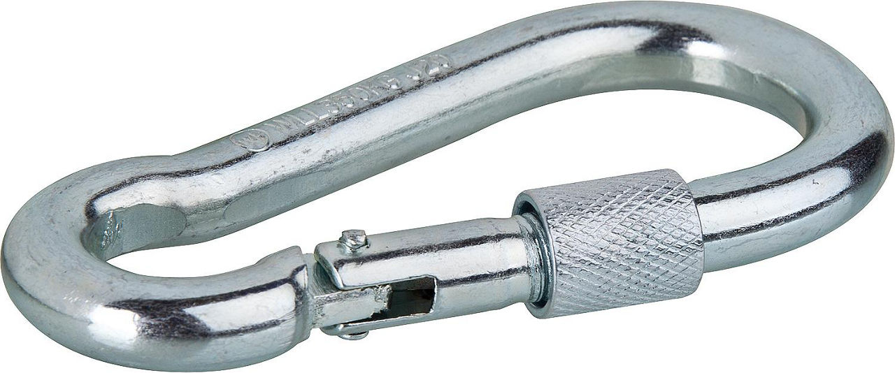 Feuerwehr-Karabinerhaken verz. mit Schraubverschluß, Größe 100x10mm, Tragekraft 350kg Feuerwehr-Karabinerhaken verz. mit Schraubverschluß, Größe 100x10mm, Tragekraft 350kg