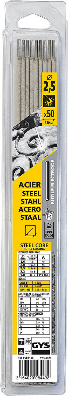 Stabelektrode Ø 2,5 mm für Stahl im Kunststoffblister, VPE = 50 Stück Stabelektrode Ø 2,5 mm für Stahl im Kunststoffblister, VPE = 50 Stück