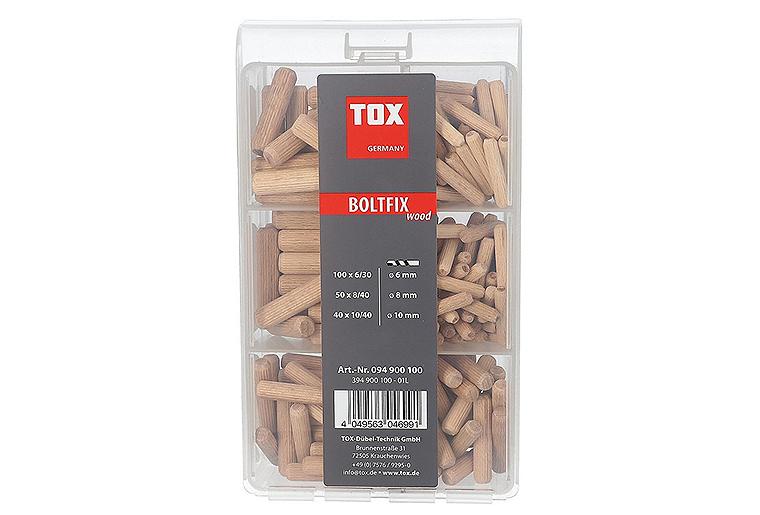 Holzdübel TOX Sortiment 190-teilig Boltfix wood 100x 6x30 mm, 50x 8x40 mm, 40x 10x40 mm, Riffeldübel aus massiver Buche