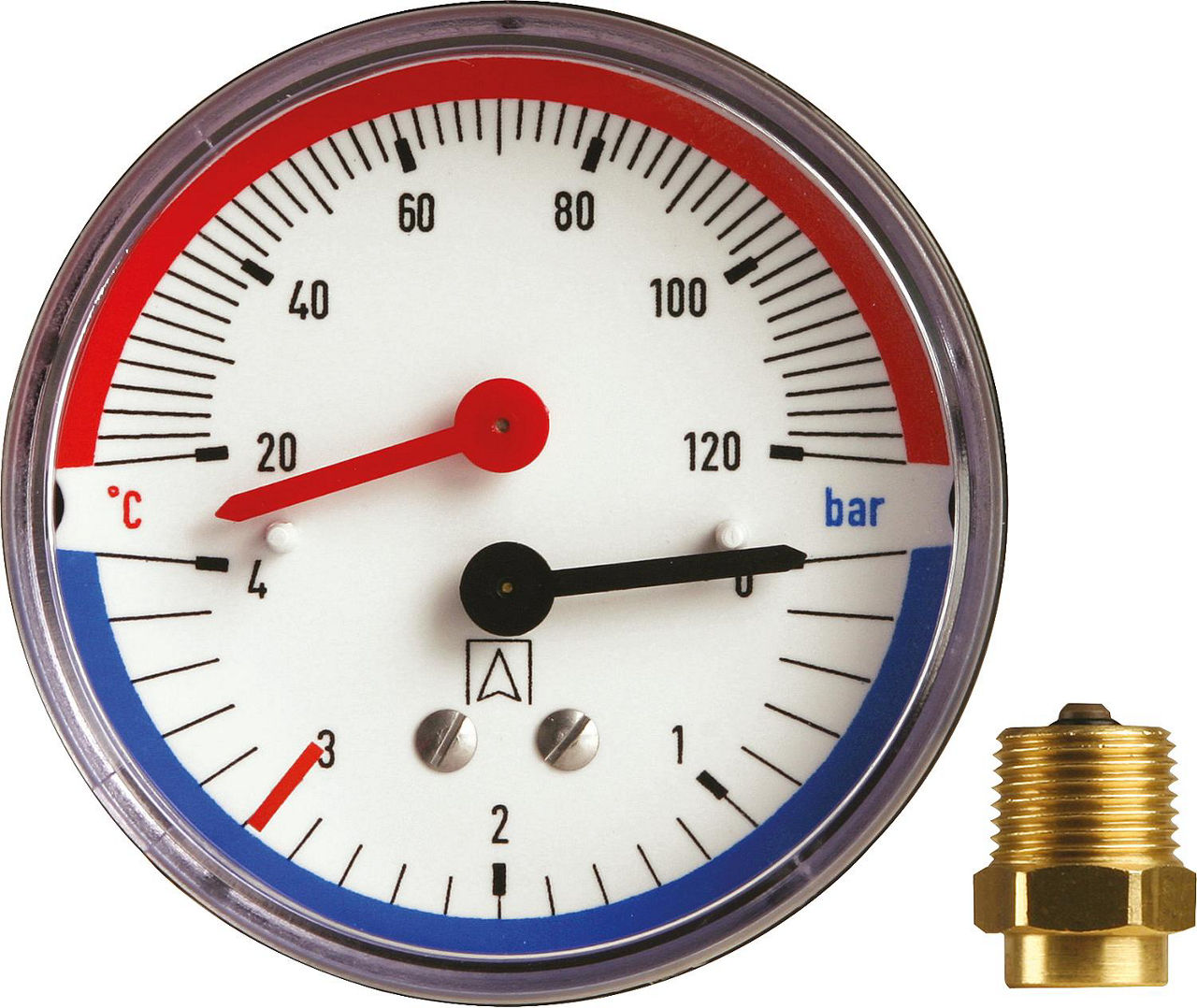 Thermomanometer TM 80 radial 80 mm durch, R 1/2", 0-4 bar Thermomanometer TM 80 radial 80 mm durch, R 1/2", 0-4 bar