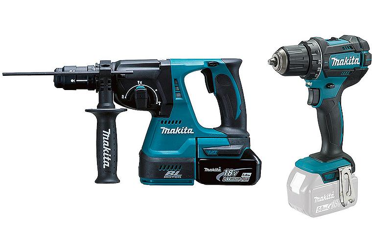 Akku-Set 2-teilig Makita 18 V best. aus Akku-Kombihammer und Akku-Bohrschrauber mit 2x 5,0 Ah Akkus und Ladegerät