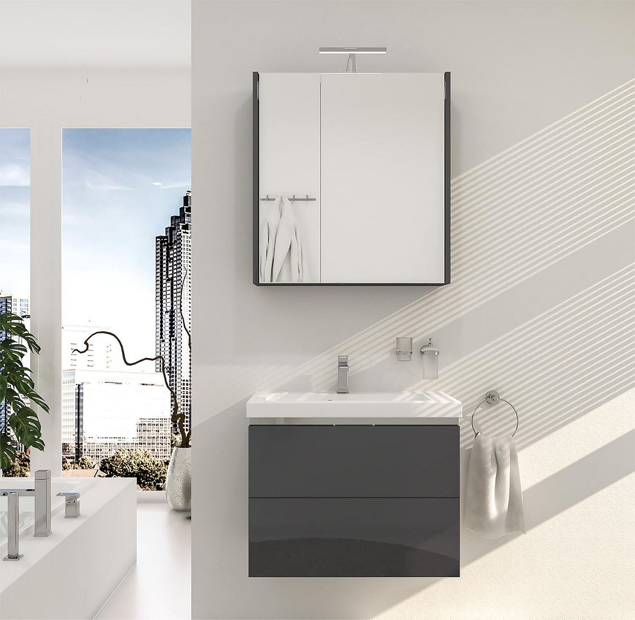 Badmöbel-Set EOLA anthrazit Hochglanz Breite 700mm 2 Auszüge