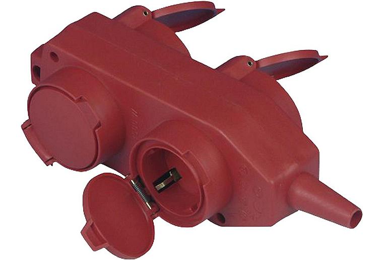Schutzkontakt - Kupplung 4-fach, Farbe rot, mit Knickschutztülle