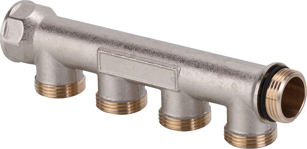 Verteiler 4-Fach DN 25 (1") x Eurokonus, Messing vernickelt Verteiler 4-Fach DN 25 (1") x Eurokonus, Messing vernickelt