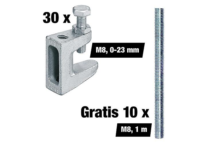 Vorteilspaket Trägerklammern M8, Spannbereich 0-23 mm, 30 Stück + Gratis Gewindestangen M8, 1 m, 10 Stück
