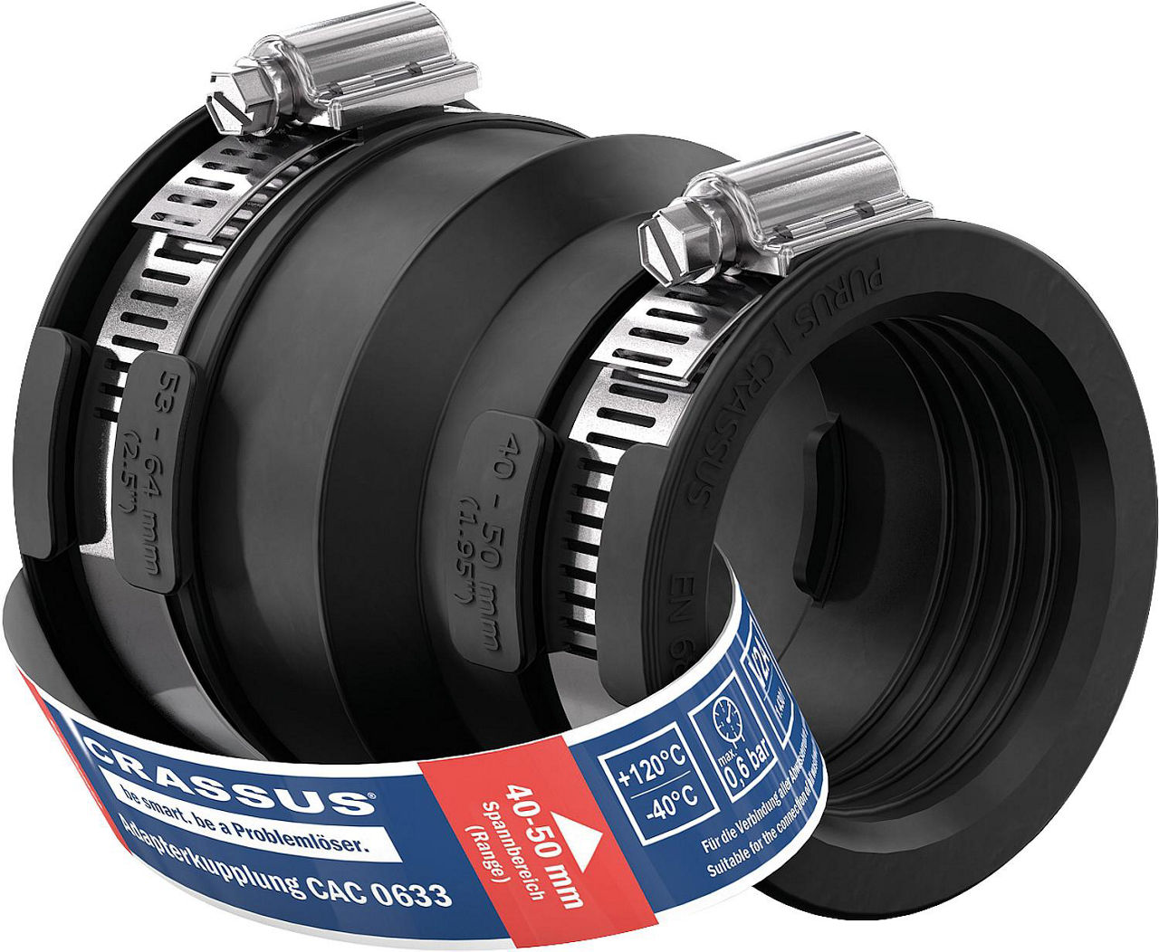 Adapterkupplung CAC 0633 Spannber. 53-64 x 40-50mm EPDM, PN 0,6 bar Adapterkupplung CAC 0633 Spannber. 53-64 x 40-50mm EPDM, PN 0,6 bar