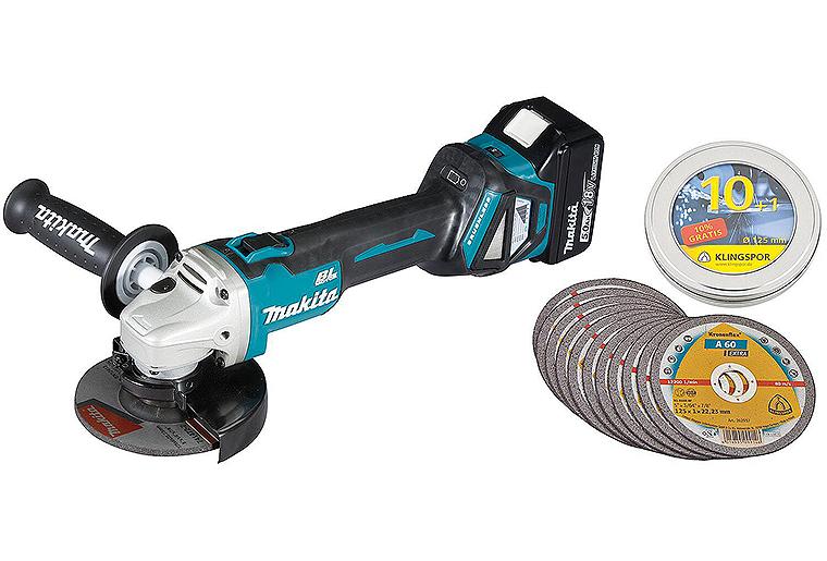 Akku-Winkelschleifer Makita 18 V DGA511RTJ mit 2x 5,0 Ah Akkus und Ladegerät mit Trennscheiben-Set 11-teilig Akku-Winkelschleifer Makita 18 V DGA511RTJ mit 2x 5,0 Ah Akkus und Ladegerät mit Trennscheiben-Set 11-teilig