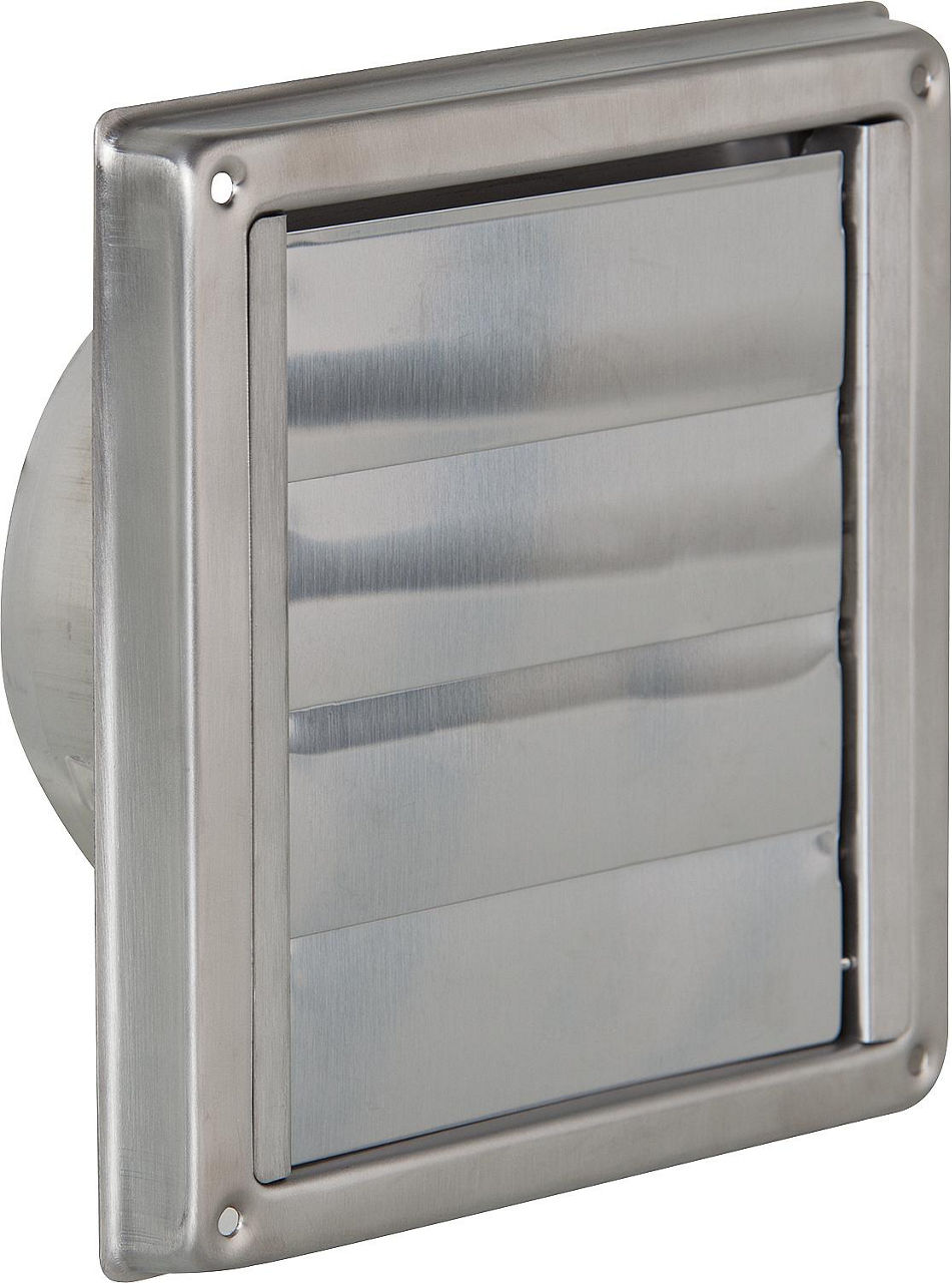 Aussenverschlussklappe V2A mit selbstschließenden Lamellen Anschl. Ø 100mm, Außen 150x150mm Aussenverschlussklappe V2A mit selbstschließenden Lamellen Anschl. Ø 100mm, Außen 150x150mm
