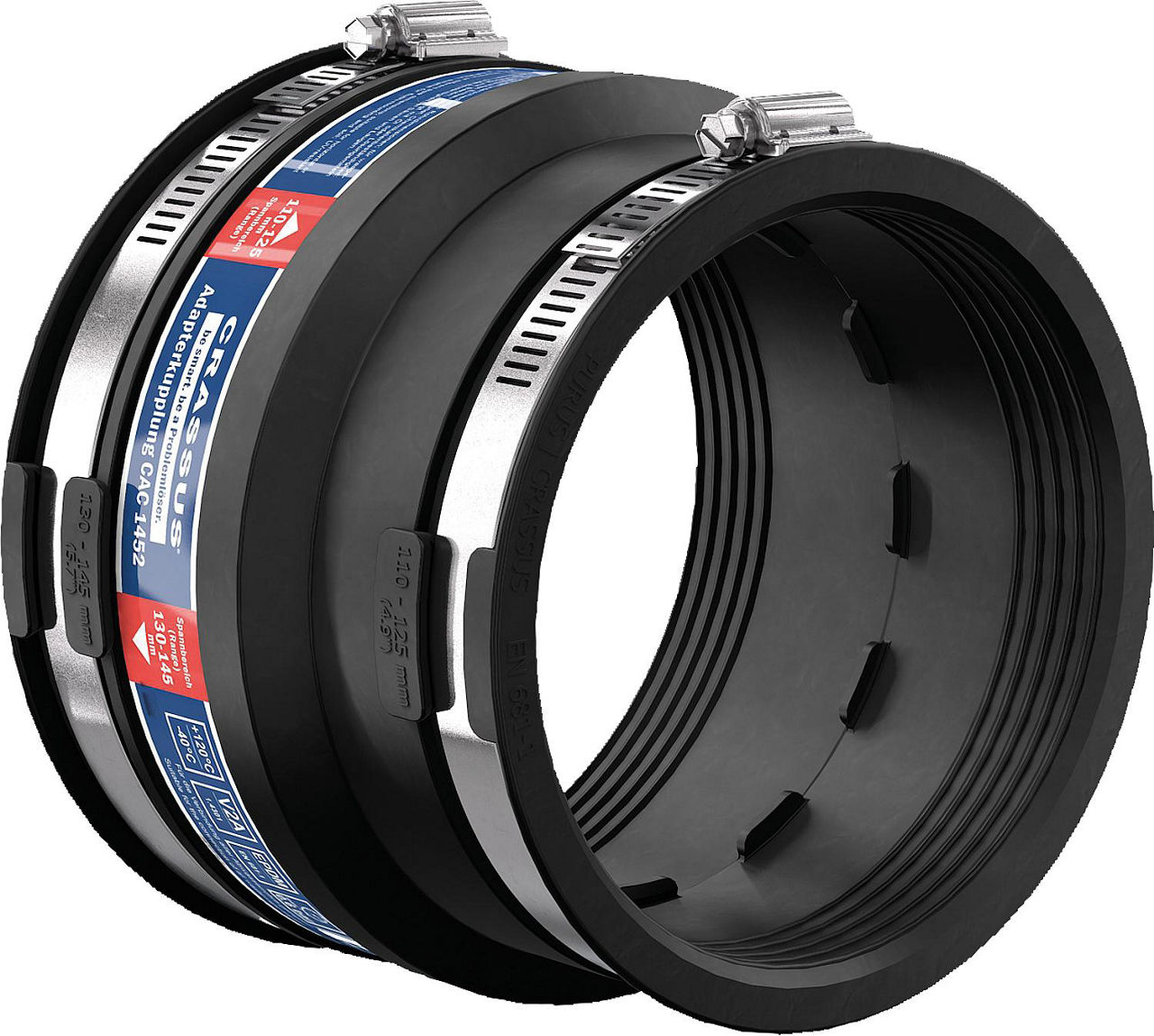 Adapterkupplung CAC 1452 Spannber. 130-145 x 110-125mm EPDM, PN 0,6 bar Adapterkupplung CAC 1452 Spannber. 130-145 x 110-125mm EPDM, PN 0,6 bar