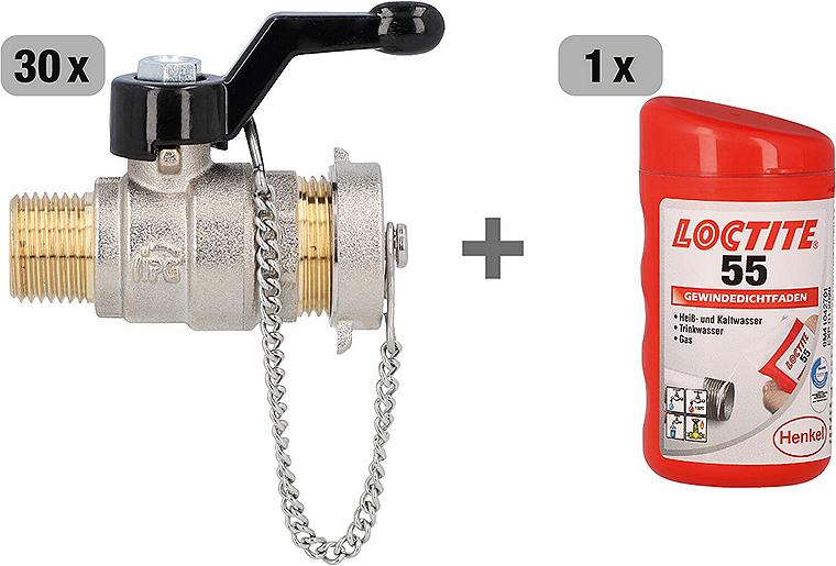 Vorteilspaket 30x Kugelhahn mit Verschlusskappe und Alu-Handhebel DN15 (1/2") AG + gratis Gewindedichtfaden LOCTITE 55, 160m Vorteilspaket 30x Kugelhahn mit Verschlusskappe und Alu-Handhebel DN15 (1/2") AG + gratis Gewindedichtfaden LOCTITE 55, 160m