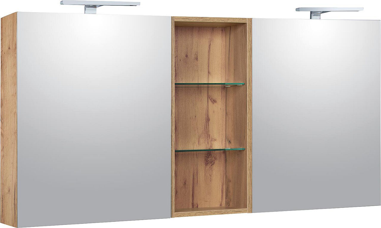 Spiegelschrank Lossa mit LED-Aufsatzleuchten Asteiche Cortina mit offenem Oberschrank Breite 1550mm Spiegelschrank Lossa mit LED-Aufsatzleuchten Asteiche Cortina mit offenem Oberschrank Breite 1550mm