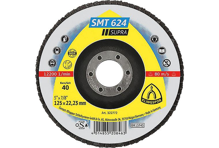 Lamellenschleifteller Klingspor SMT 624 SUPRA K40, 125 x 22,23 mm, Korn 40, gekröpft Lamellenschleifteller Klingspor SMT 624 SUPRA K40, 125 x 22,23 mm, Korn 40, gekröpft