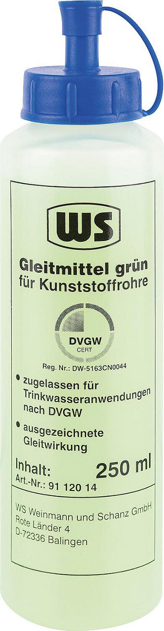 WS Gleitmittel für Kunststoffrohre grün, DVGW geprüft, 250ml Dosierflasche WS Gleitmittel für Kunststoffrohre grün, DVGW geprüft, 250ml Dosierflasche
