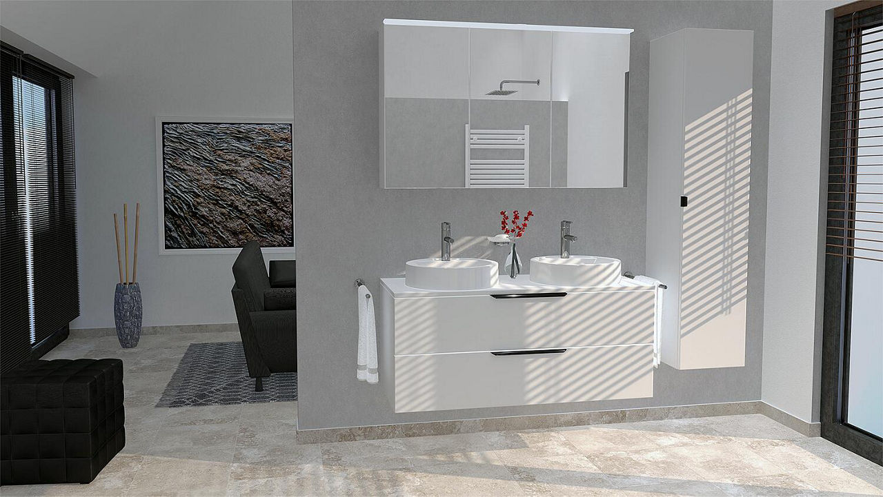 Badmöbel-Set LOSSA mit LED-Spiegelschrank weiß Hochglanz 2 Auszüge, 2 Siphonausschnitt ohne WT Breite 1200 mm