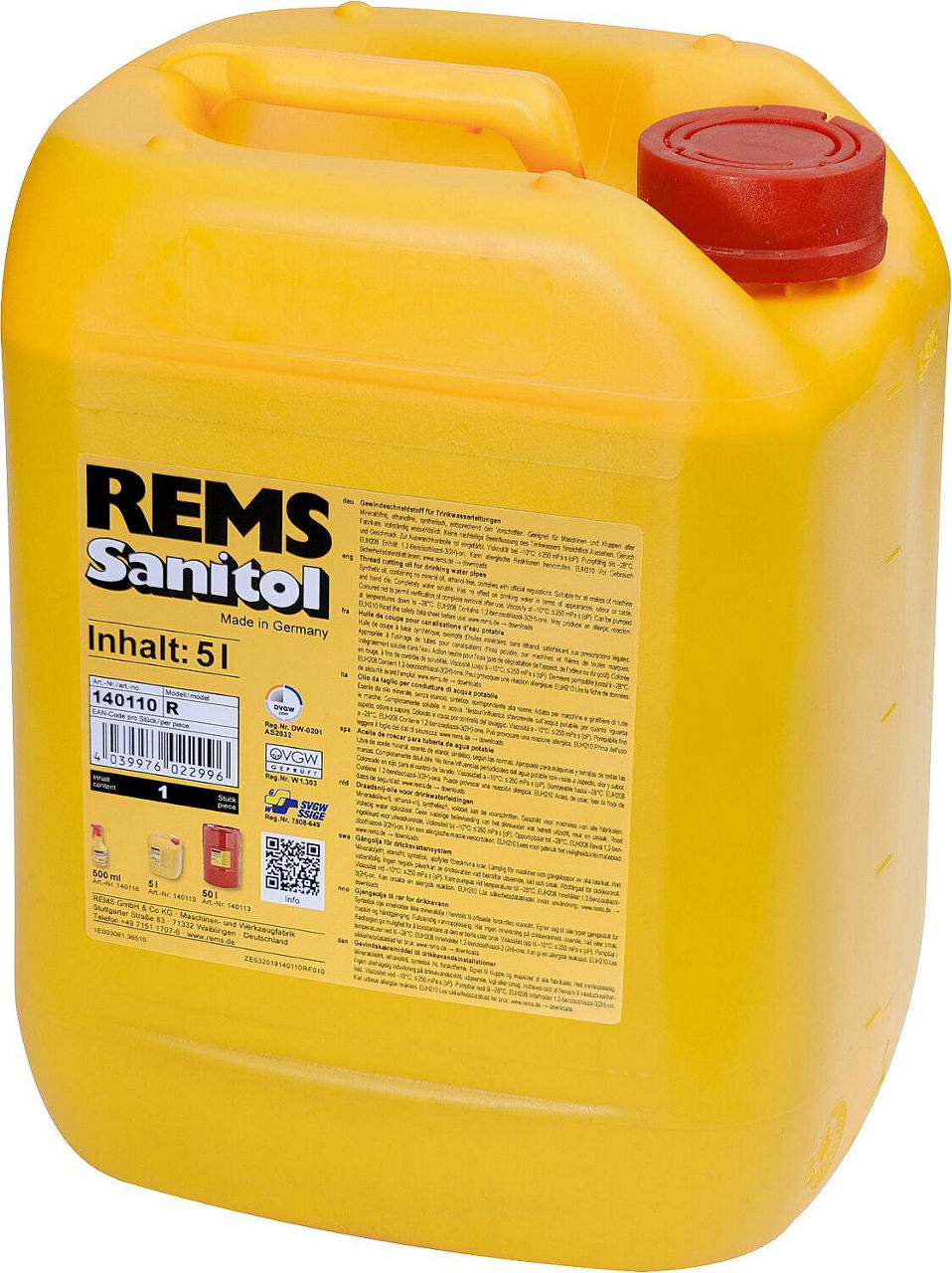 Synthetischer, mineralölfreier Rems Sanitol Gewindeschneidstoff. Speziell für Trinkwasser. 5-l-Kanister Synthetischer, mineralölfreier Rems Sanitol Gewindeschneidstoff. Speziell für Trinkwasser. 5-l-Kanister
