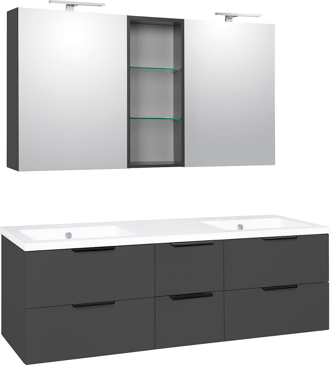 Badmöbel-Set LOSSA mit LED-Spiegelschrank anthrazit Hochglanz 6 Auszüge Breite 1550 mm