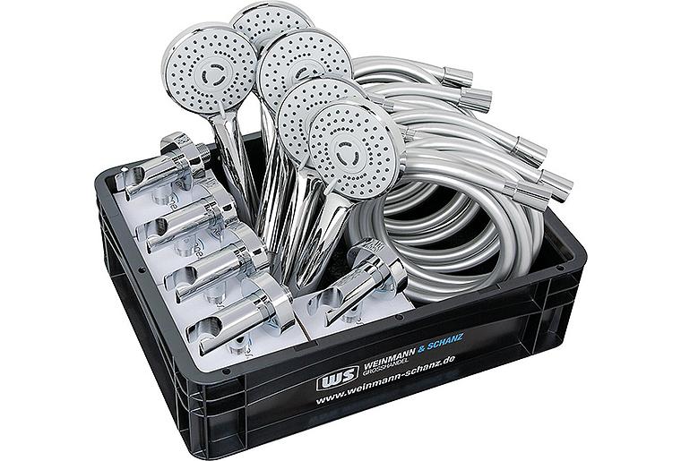 Brauseset Vorteilspaket best. aus 5x Brauseschlauch 160cm, 5x Wandanschlussbogen und 5x Handbrause Suprema inkl. WS-Box