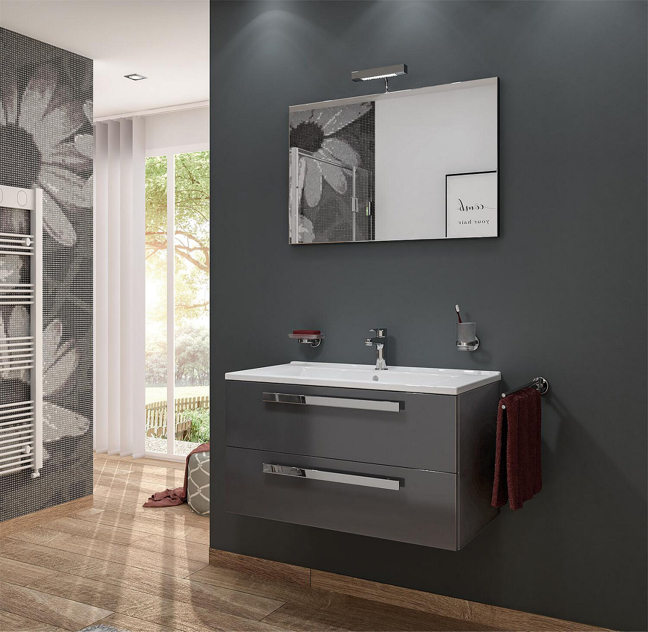 Badmöbel-Set EDIA Serie MAB graphit Hochglanz, 2 Auszüge Breite 853mm