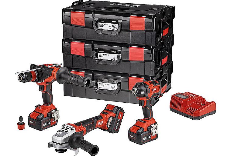 Akku-Set Flex 18 V best. aus Bohrschrauber, Schlagschrauber, Winkelschleifer, mit 3x 5,0 Ah Akkus und Ladegerät Akku-Set Flex 18 V best. aus Bohrschrauber, Schlagschrauber, Winkelschleifer, mit 3x 5,0 Ah Akkus und Ladegerät