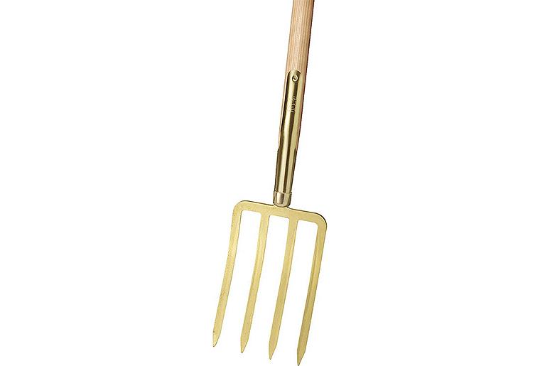 Ideal-Spatengabel 4 Zinken, gold,Schienenzwinge, T-Stiel