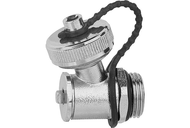 Befüll- und Entleerhahn DN15 (1/2"), selbstdichtend, Messing vernickelt, schräger Abgang Befüll- und Entleerhahn DN15 (1/2"), selbstdichtend, Messing vernickelt, schräger Abgang
