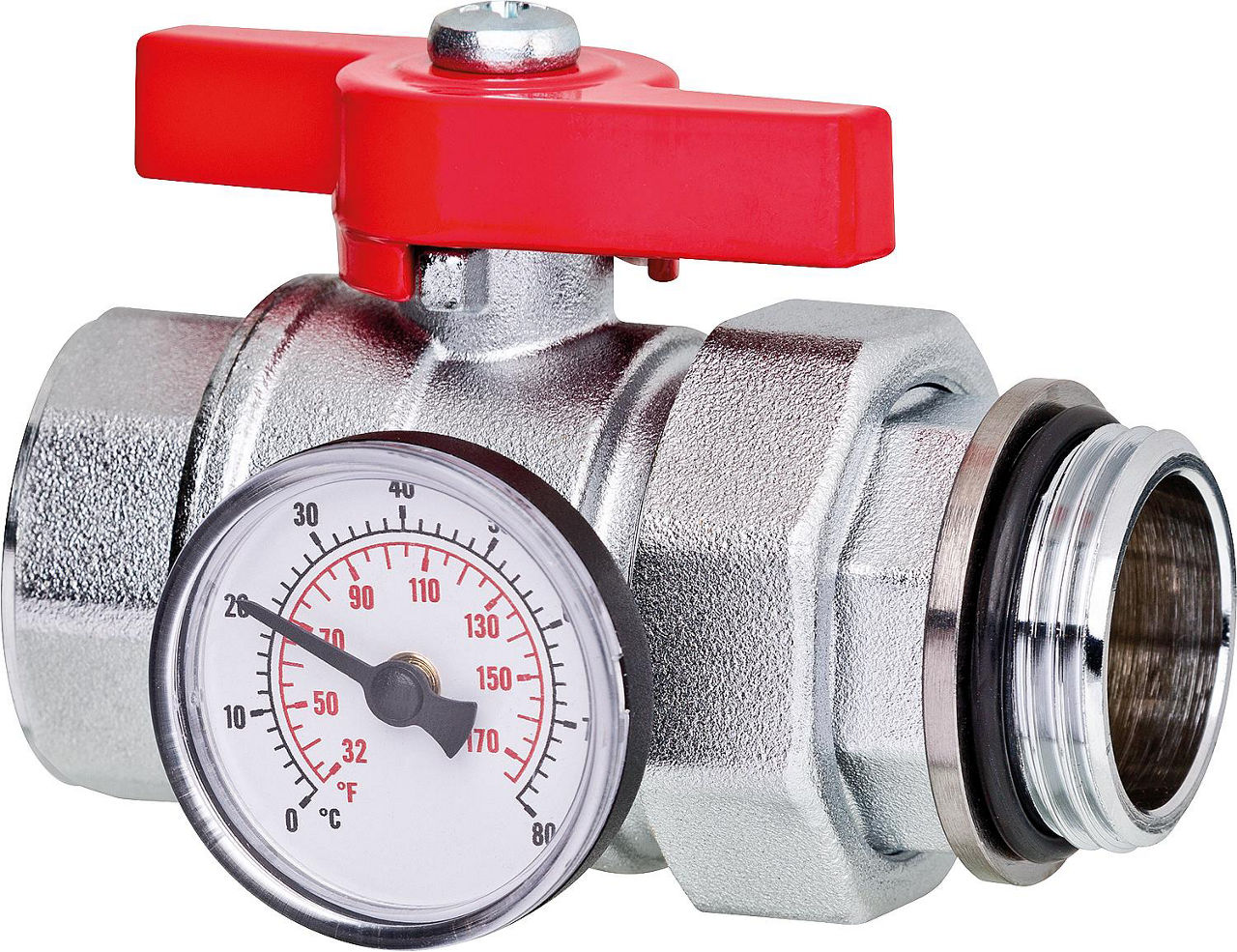 Kugelhahn DN25 (1") mit Verschraubung,Thermometer und Flügelgriff rot Kugelhahn DN25 (1") mit Verschraubung,Thermometer und Flügelgriff rot