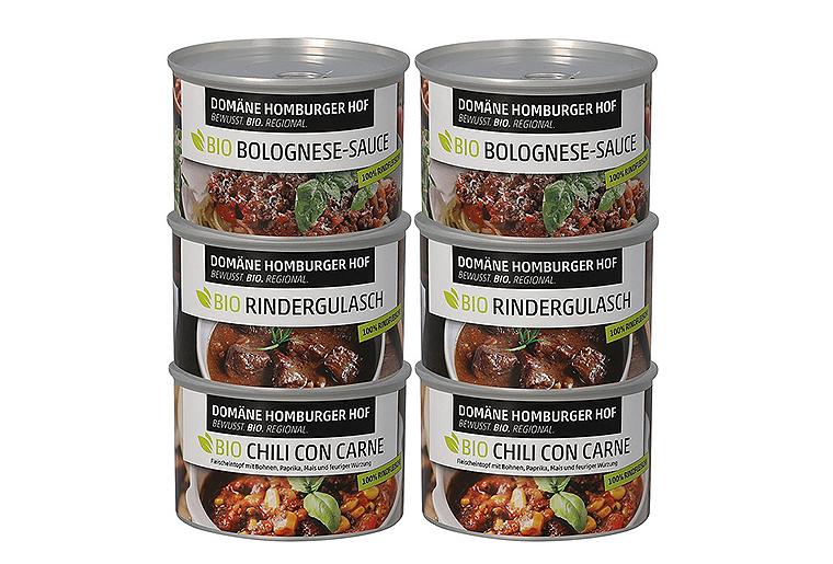Probierpaket je 3x2 Bio Convenience Dosen a 400g gemischt, 2x Bio Rindergulasch, 2x Bio Chilli con Carne, 2x Bio Bolognese Probierpaket je 3x2 Bio Convenience Dosen a 400g gemischt, 2x Bio Rindergulasch, 2x Bio Chilli con Carne, 2x Bio Bolognese