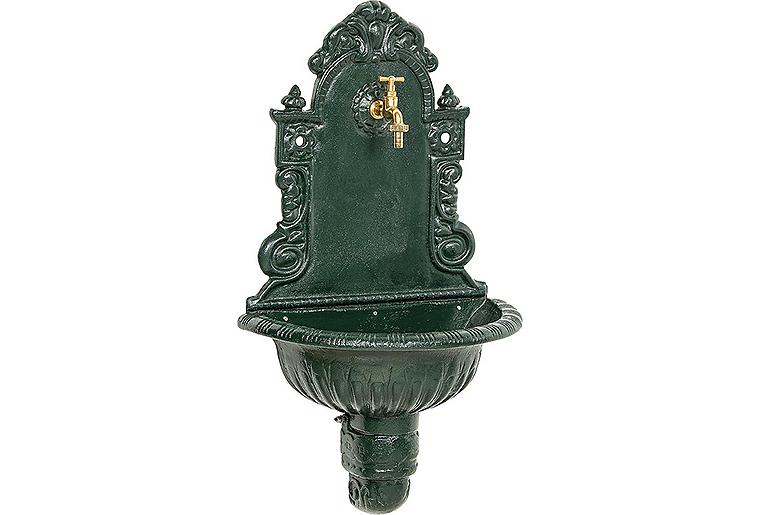 Wandbrunnen aus Graugus, grün, mit Messing-Auslaufventil