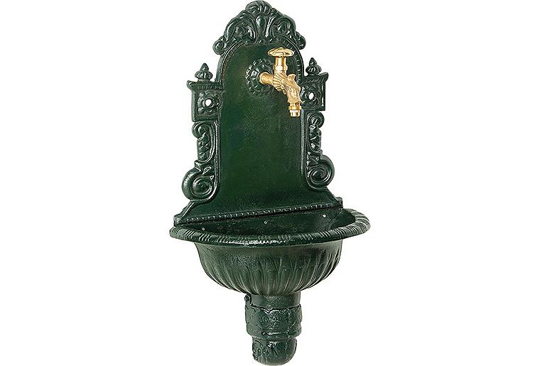 Wandbrunnen aus Graugus, grün, mit Messing-Nostalgieventil