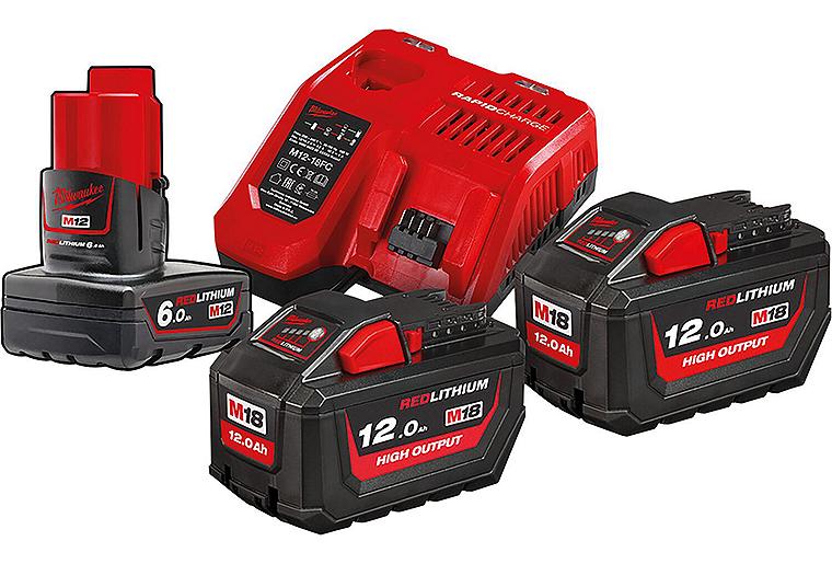 Akku-Set Milwaukee M18HNRG-122, 18V mit 2x 12,0 Ah und 12V 1x 6,0 Ah Akkus und Ladegerät